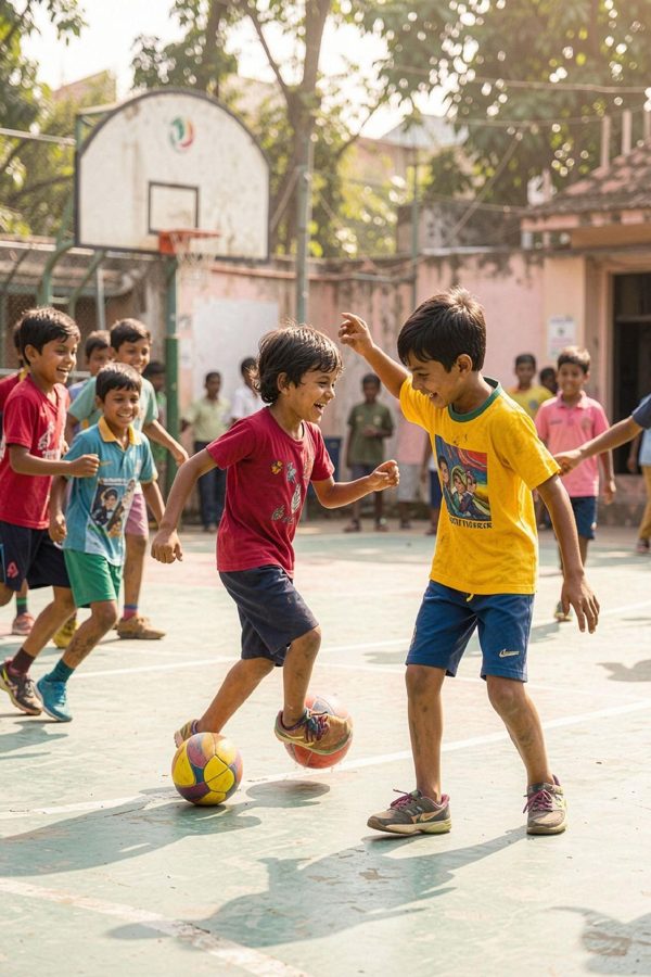 Kids playing football on an outdoor court