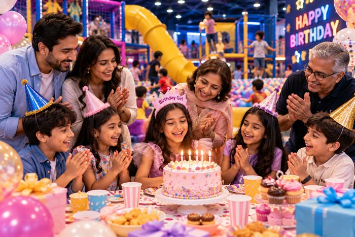 Birthday celebration with cake and friends at a play zone