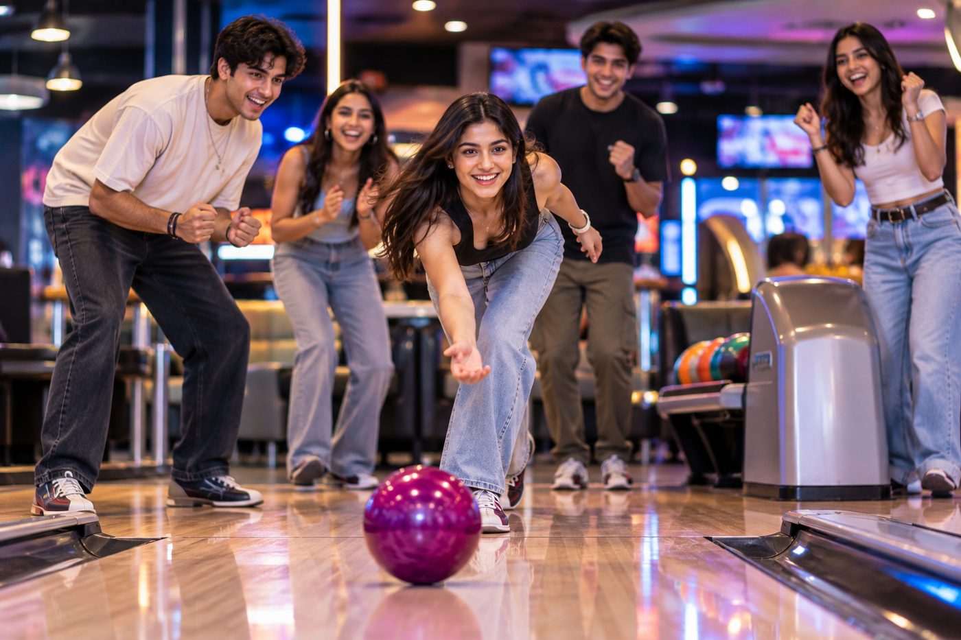 Friends cheering as one of them bowls down the lane