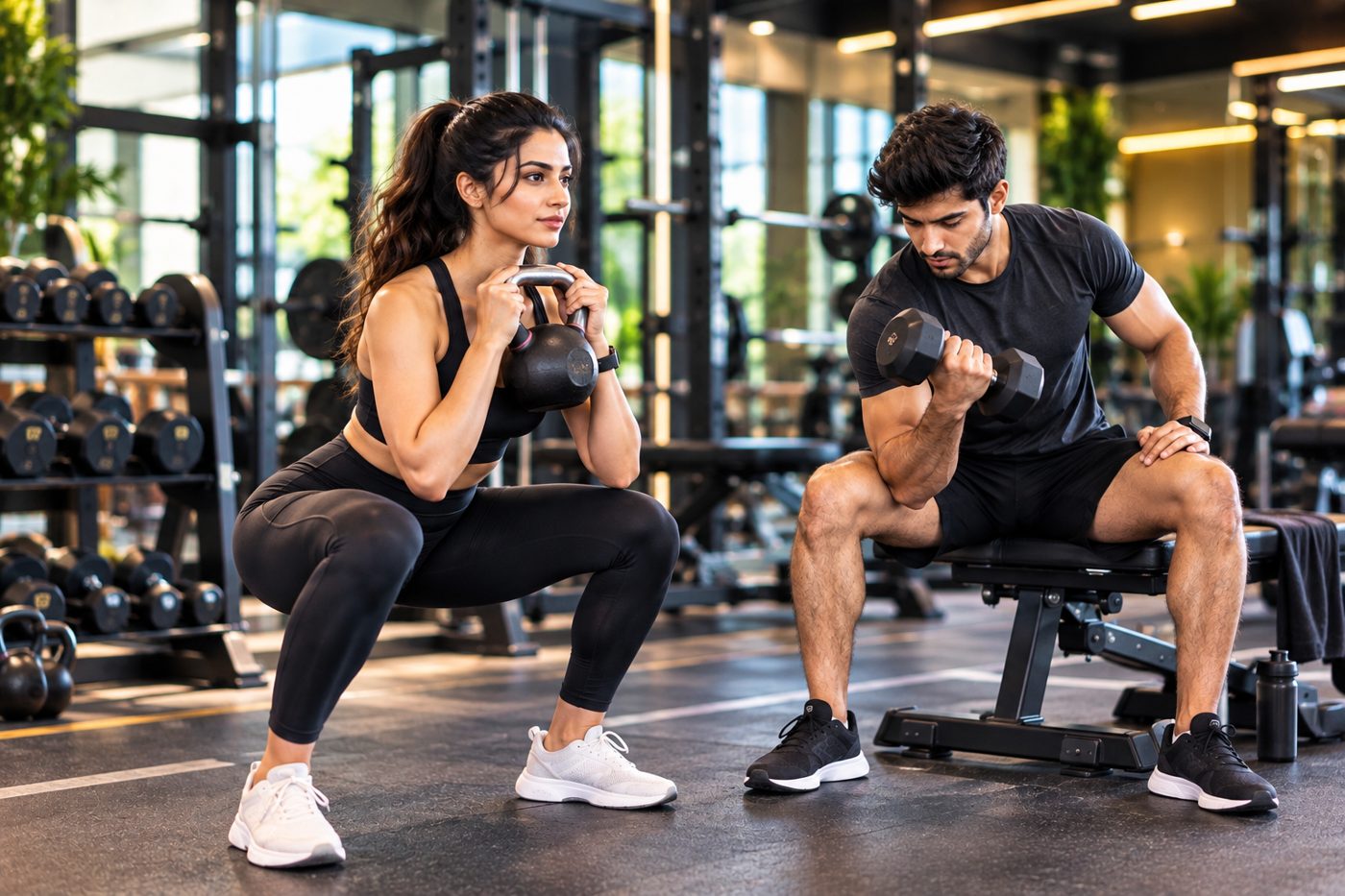 Two people training with a kettlebell and dumbbell in a gym