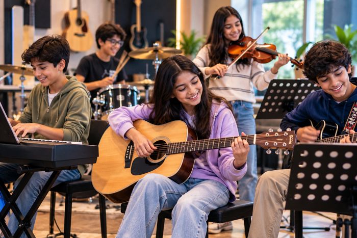 Teens playing guitar, violin, drums and keyboard in a music class