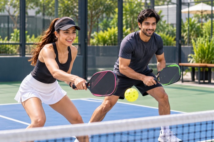 Two players at the net in a pickleball game