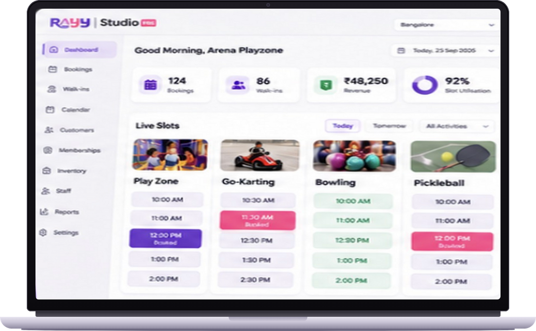 RAYY Studio POS on a laptop: dashboard with bookings, walk-ins, revenue, slot utilisation and live slots for Play Zone, Go-Karting, Bowling and Pickleball